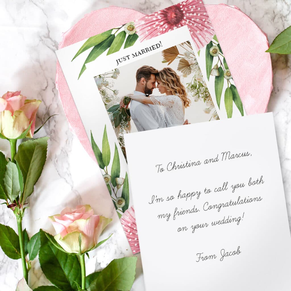 front and back of wedding day card with suggested sentiment for friend